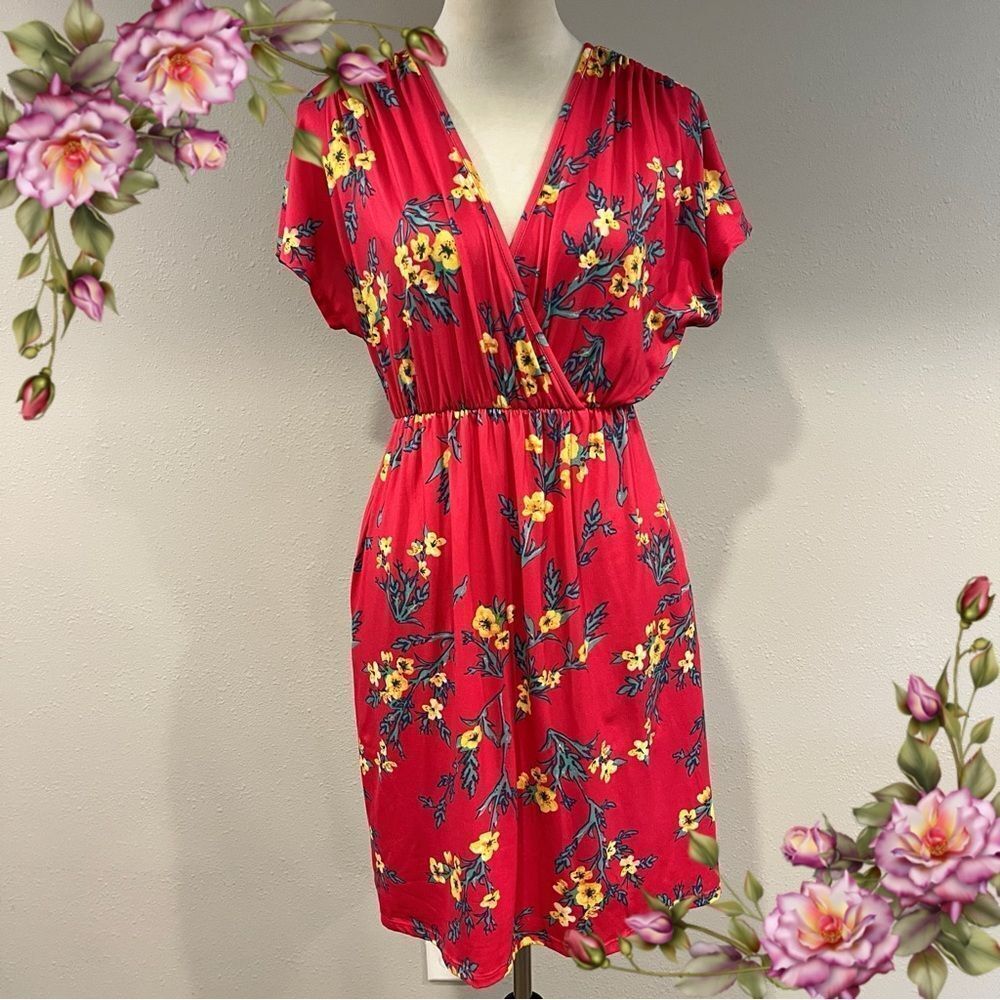 Floral reddish Faux Wrap short sleeve Dress size Small